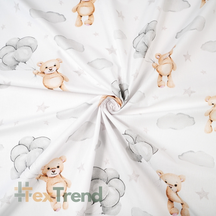 Baumwolle 100% Bären beige mit grauen Ballons auf weißem Hintergrund  