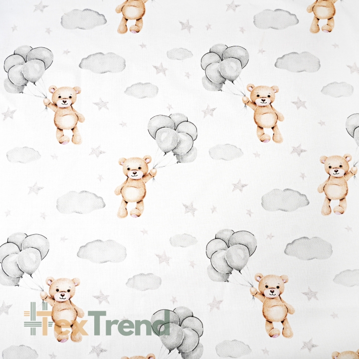 Baumwolle 100% Bären beige mit grauen Ballons auf weißem Hintergrund  