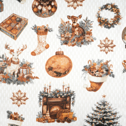 100% Baumwolle weihnachtliches Muster braun-grau Kamin und Tannenbaum  