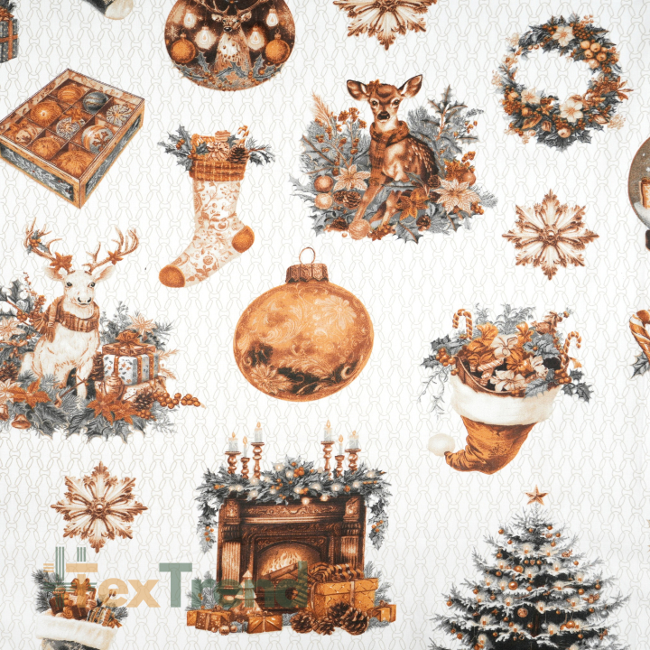 100% Baumwolle weihnachtliches Muster braun-grau Kamin und Tannenbaum  