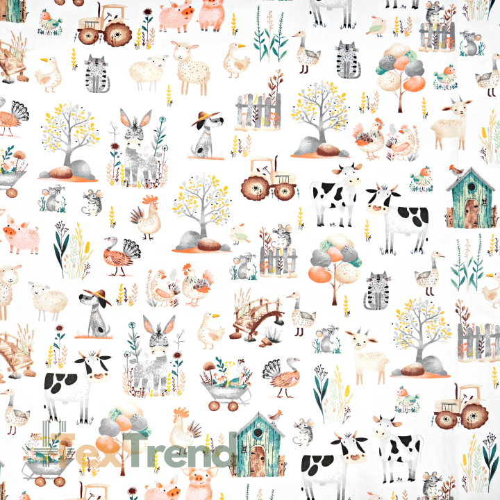 Baumwolle 100% Tierchen Bauernhof auf weißem Hintergrund  