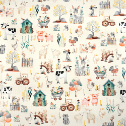 Baumwolle 100% Tierchen Bauernhof auf ecru Hintergrund  