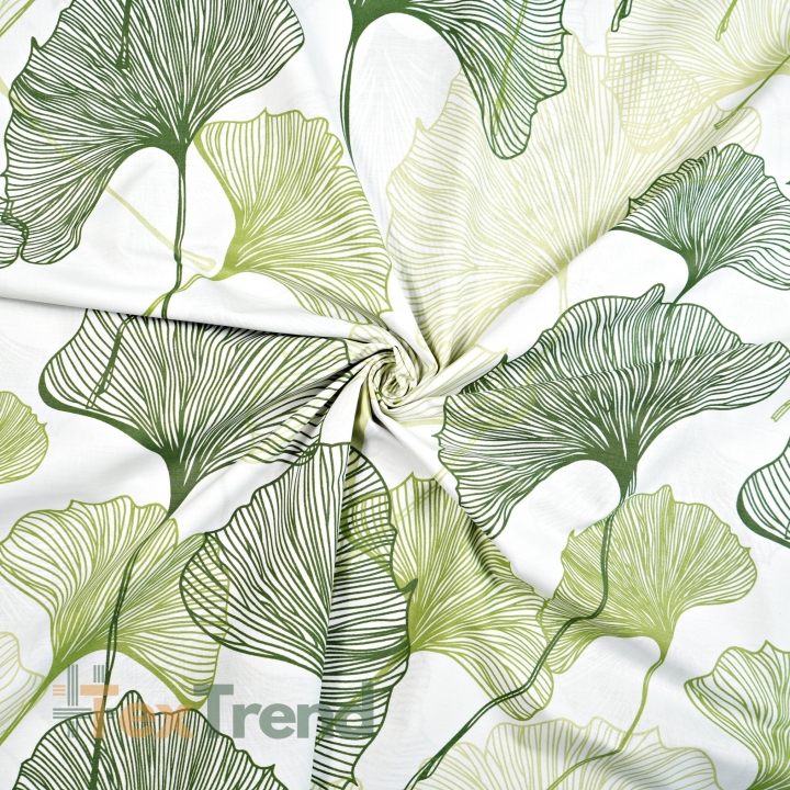 100% Baumwolle Ginkgo-Blätter grüne Konturen auf weißem Hintergrund - 220 cm  