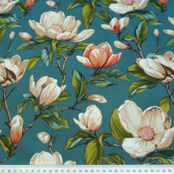 100% Baumwolle beige Magnolienblüten auf meerfarbenem Hintergrund - 220 cm  