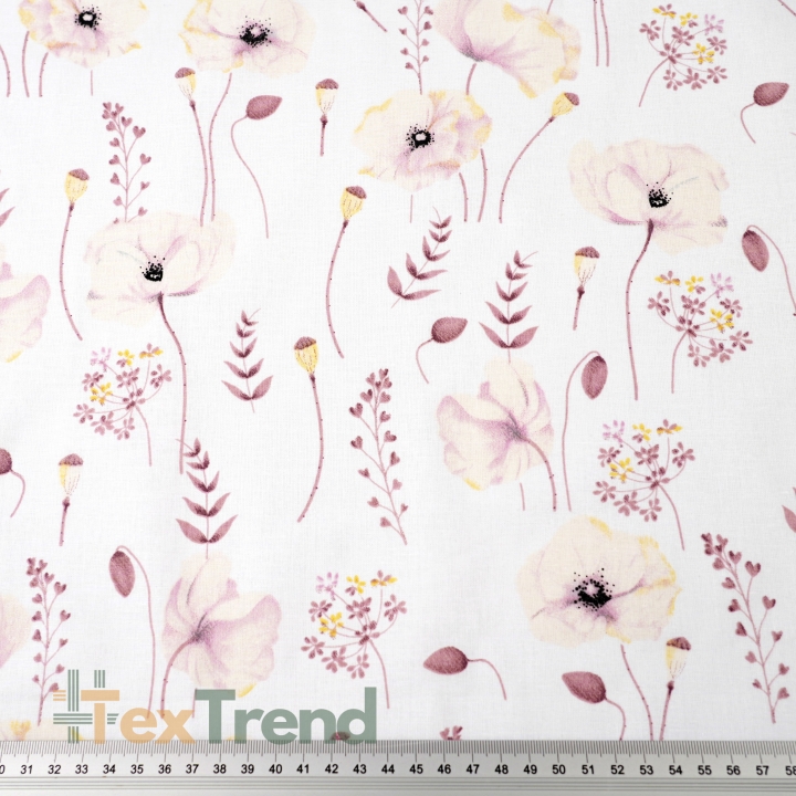 Baumwolle 100% Pastell-Mohnblumen ecru auf weißem Hintergrund  