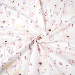 Baumwolle 100% Pastell-Mohnblumen ecru auf weißem Hintergrund  