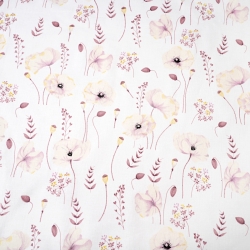 Baumwolle 100% Pastell-Mohnblumen ecru auf weißem Hintergrund  