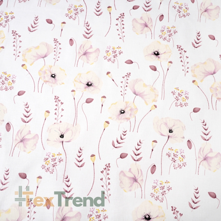 Baumwolle 100% Pastell-Mohnblumen ecru auf weißem Hintergrund  