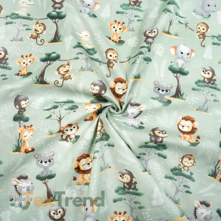 Baumwolle 100% afrikanische Tierchen Baby klein auf salbeigrünem Hintergrund  
