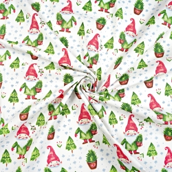 100% Baumwolle weihnachtliches Muster Wichtel mit Tannenbäumen in Töpfen  