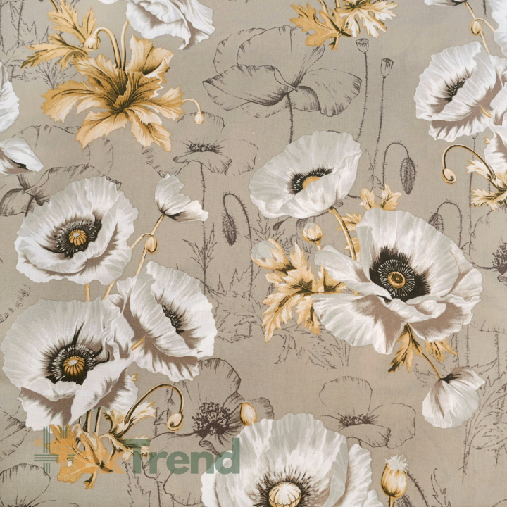 100% Baumwolle große Mohnblumen auf beige Hintergrund - 220 cm  