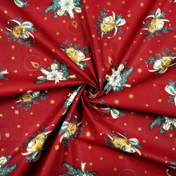 Baumwolle 100% weihnachtliches Muster Glocken und goldene Sträuße auf dunkelrotem Hintergrund  