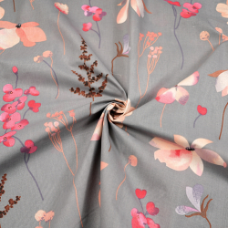 100% Baumwolle mit lachsfarbenen Blumen auf grauem Hintergrund - 220 cm