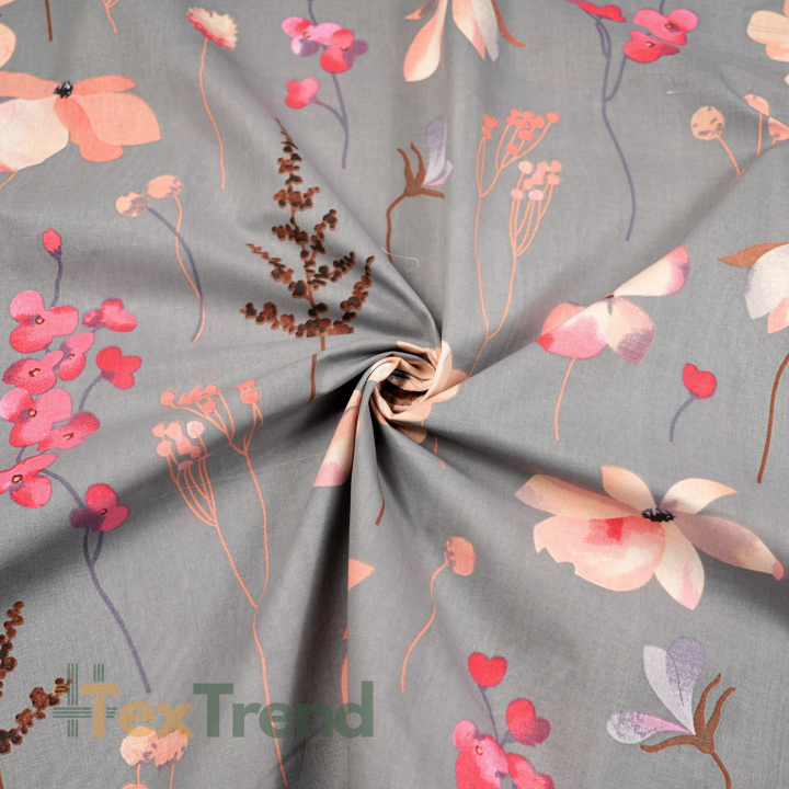 100% Baumwolle mit lachsfarbenen Blumen auf grauem Hintergrund - 220 cm