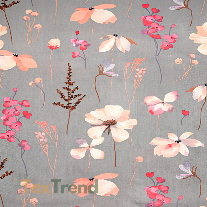 100% Baumwolle mit lachsfarbenen Blumen auf grauem Hintergrund - 220 cm