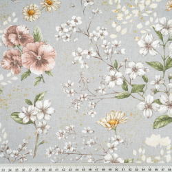 Baumwolle 100% Blumen an Zweigen beige-braun auf grauem Hintergrund  