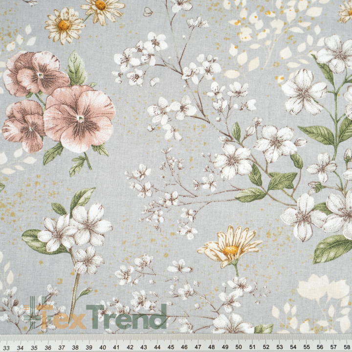 Baumwolle 100% Blumen an Zweigen beige-braun auf grauem Hintergrund  