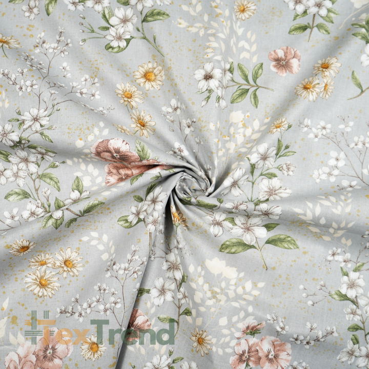 Baumwolle 100% Blumen an Zweigen beige-braun auf grauem Hintergrund  