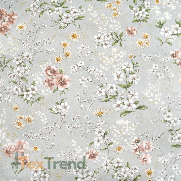 Baumwolle 100% Blumen an Zweigen beige-braun auf grauem Hintergrund  