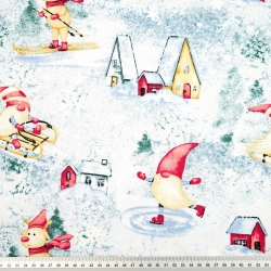 100% Baumwolle weihnachtliches Muster Wintersport auf blauem Hintergrund  