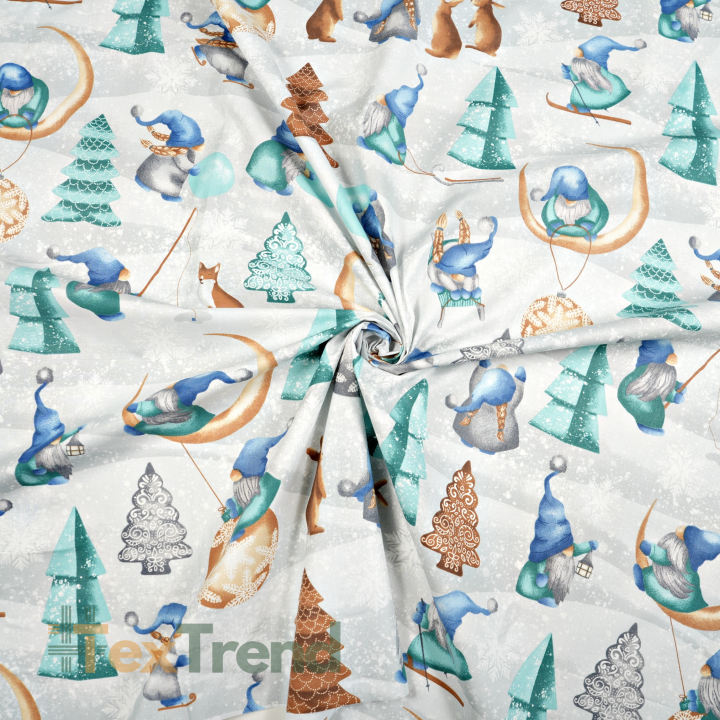 Baumwolle 100% weihnachtliches Muster Wichtel mit Mond blau-mint auf grauem Hintergrund  
