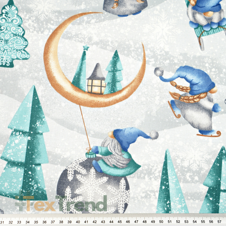 Baumwolle 100% weihnachtliches Muster Wichtel mit Mond blau-mint auf grauem Hintergrund  