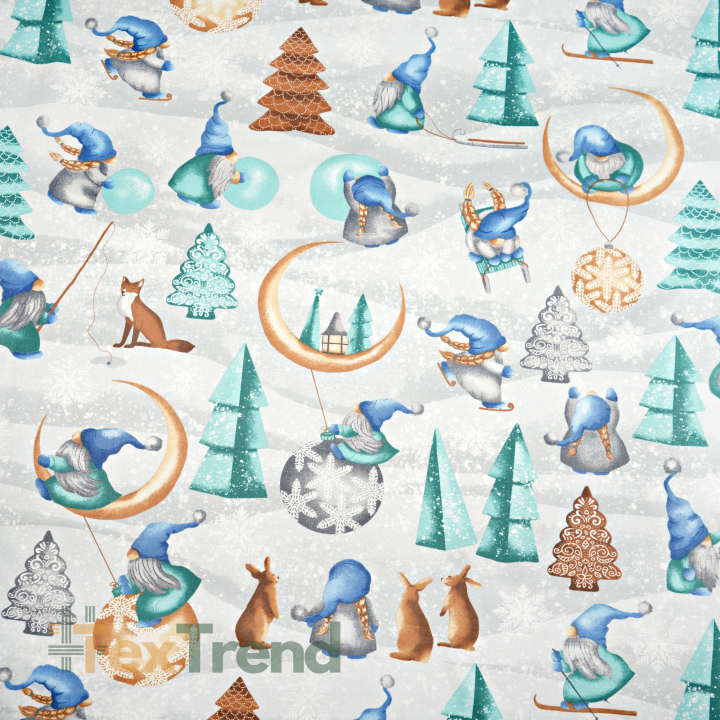 Baumwolle 100% weihnachtliches Muster Wichtel mit Mond blau-mint auf grauem Hintergrund  