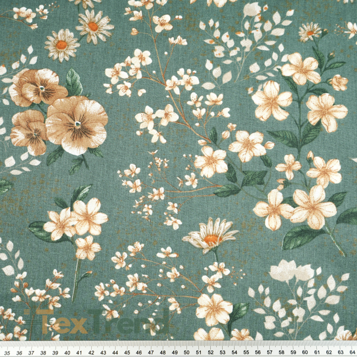Baumwolle 100% Blumen an Zweigen beige-braun auf salbeigrünem Hintergrund  