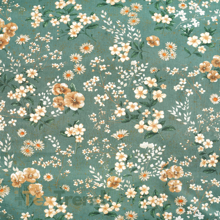 Baumwolle 100% Blumen an Zweigen beige-braun auf salbeigrünem Hintergrund  