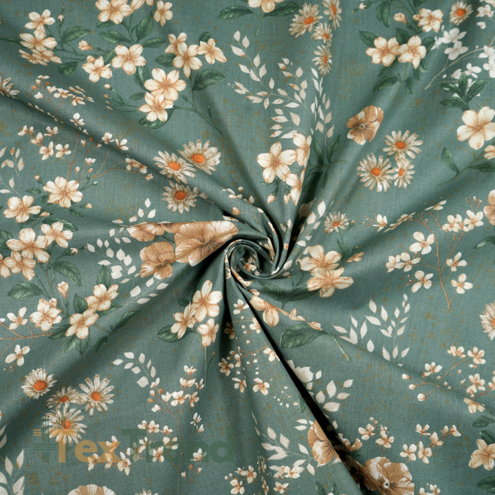 Baumwolle 100% Blumen an Zweigen beige-braun auf salbeigrünem Hintergrund  