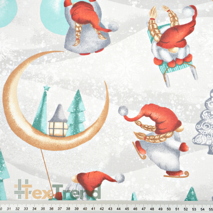 Baumwolle 100% weihnachtliches Muster Wichtel mit Mond rot-mint auf grauem Hintergrund  