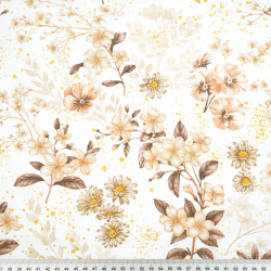 Baumwolle 100% Blumen an Zweigen beige-braun auf weißem Hintergrund  