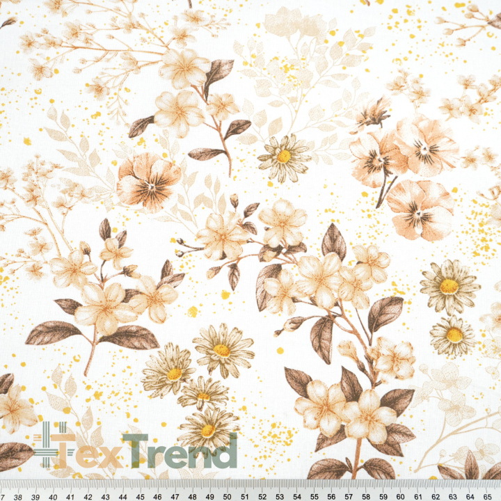 Baumwolle 100% Blumen an Zweigen beige-braun auf weißem Hintergrund  