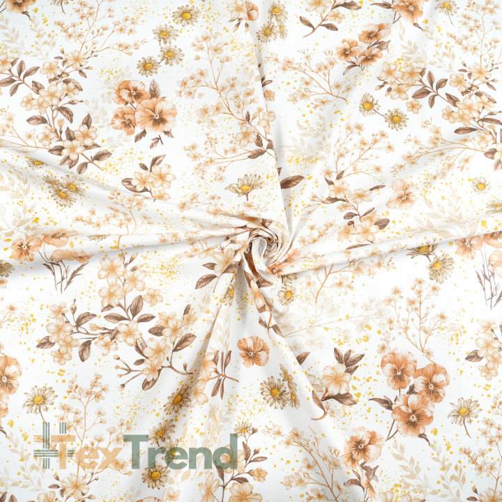 Baumwolle 100% Blumen an Zweigen beige-braun auf weißem Hintergrund  