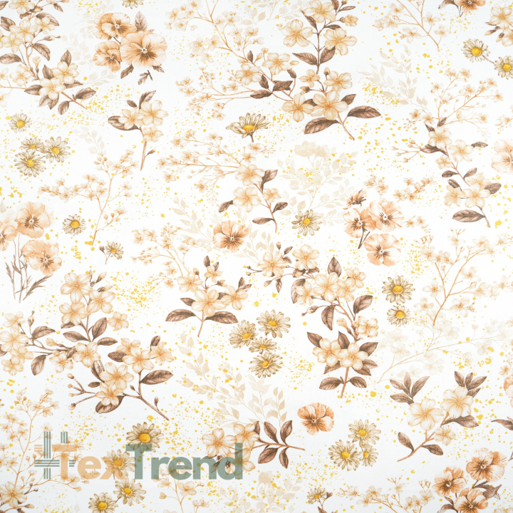 Baumwolle 100% Blumen an Zweigen beige-braun auf weißem Hintergrund  