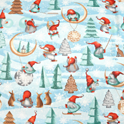 Baumwolle 100% weihnachtliches Muster Wichtel mit Mond rot-mint auf blauem Hintergrund  