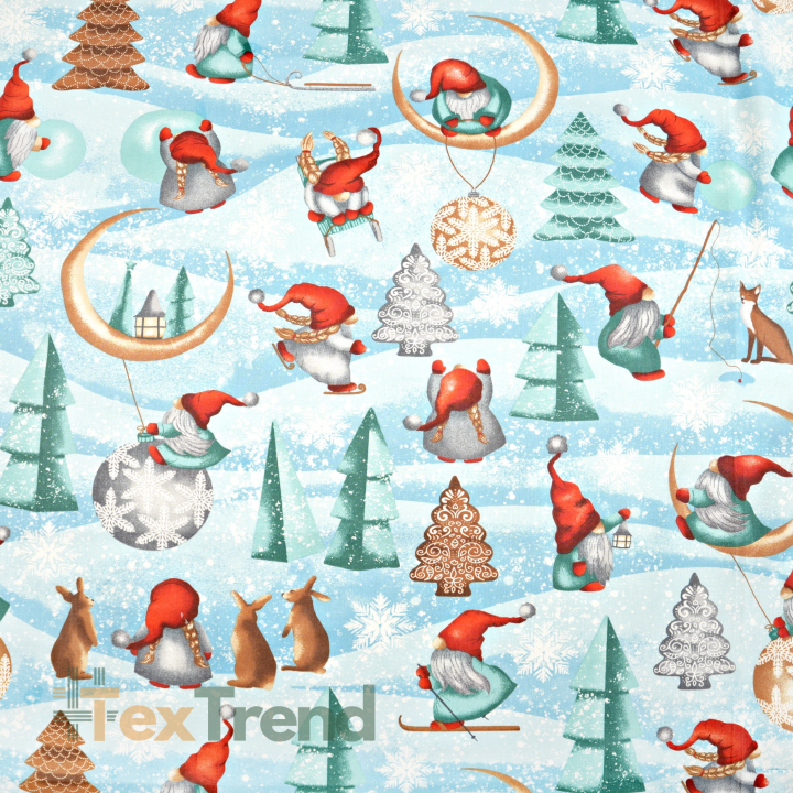 Baumwolle 100% weihnachtliches Muster Wichtel mit Mond rot-mint auf blauem Hintergrund  