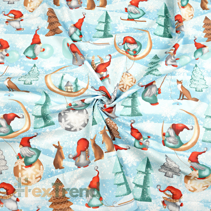 Baumwolle 100% weihnachtliches Muster Wichtel mit Mond rot-mint auf blauem Hintergrund  