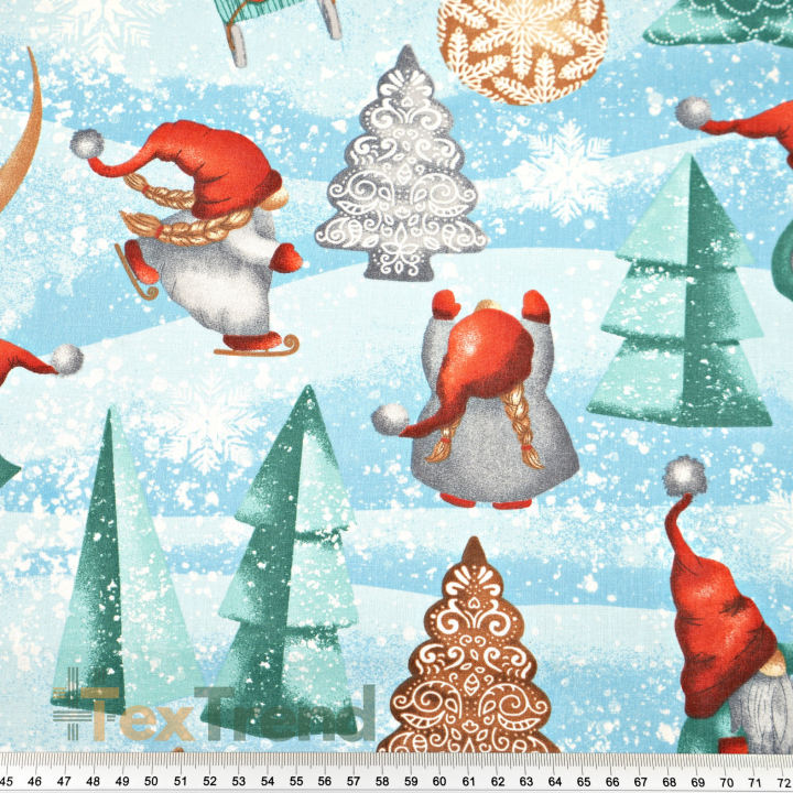 Baumwolle 100% weihnachtliches Muster Wichtel mit Mond rot-mint auf blauem Hintergrund  