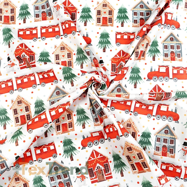 100% Baumwolle weihnachtliches Muster Züge und Lebkuchenhäuser  