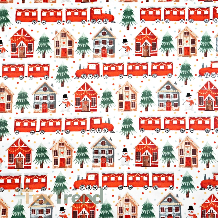 100% Baumwolle weihnachtliches Muster Züge und Lebkuchenhäuser  