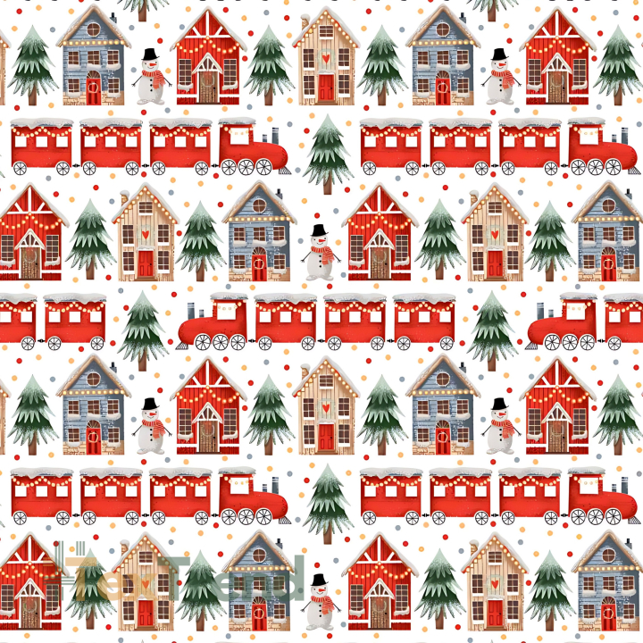 100% Baumwolle weihnachtliches Muster Züge und Lebkuchenhäuser  