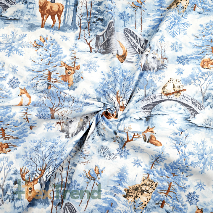 Baumwolle 100% Winterwald blau mit Tieren  