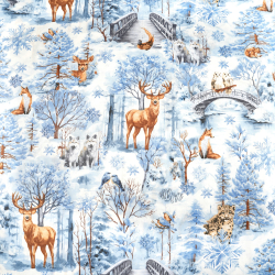 Baumwolle 100% Winterwald blau mit Tieren  