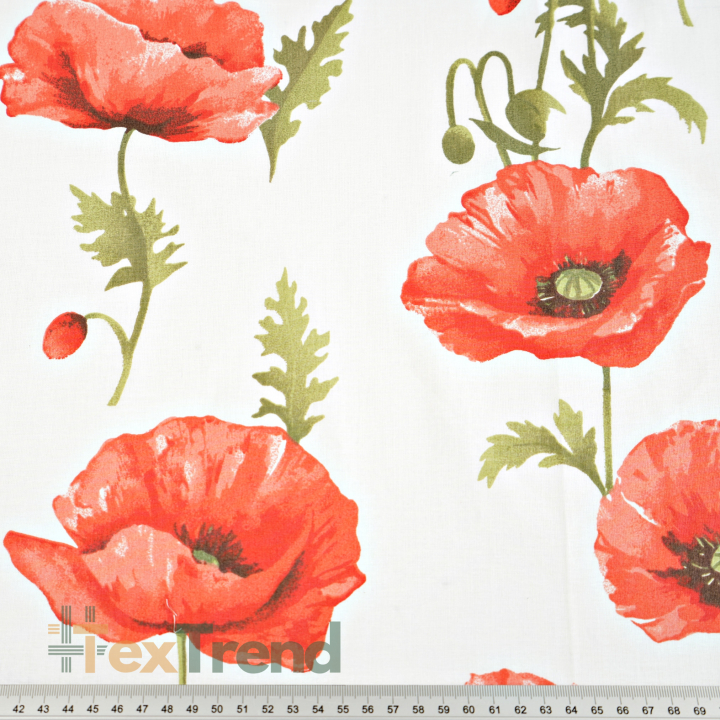 100% Baumwolle Mohnblumen hellrot auf weißem Hintergrund