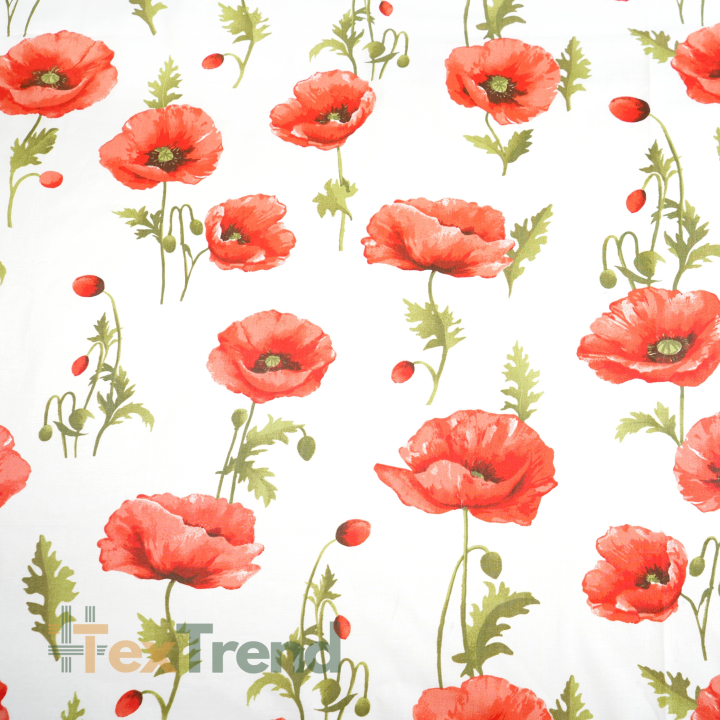 100% Baumwolle Mohnblumen hellrot auf weißem Hintergrund