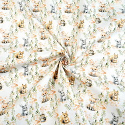 100% Baumwolle mit rötlich-grauen Tieren und Zweigen