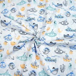 Baumwolle 100% maritimes Muster U-Boot gelb-blau auf blauem Hintergrund  