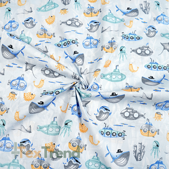 Baumwolle 100% maritimes Muster U-Boot gelb-blau auf blauem Hintergrund  
