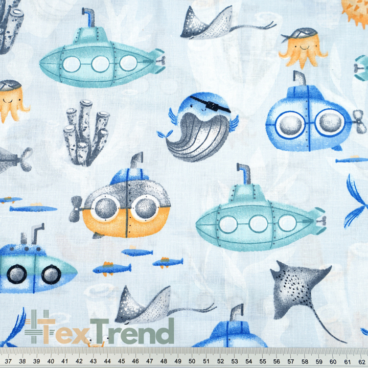 Baumwolle 100% maritimes Muster U-Boot gelb-blau auf blauem Hintergrund  